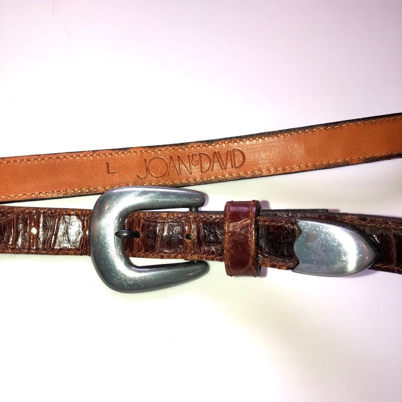 πHPπ JOAN & DAVID Brown Leather Croc Embossed Belt Silver Buckle + Tip Vintage - Picture 3 of 15
